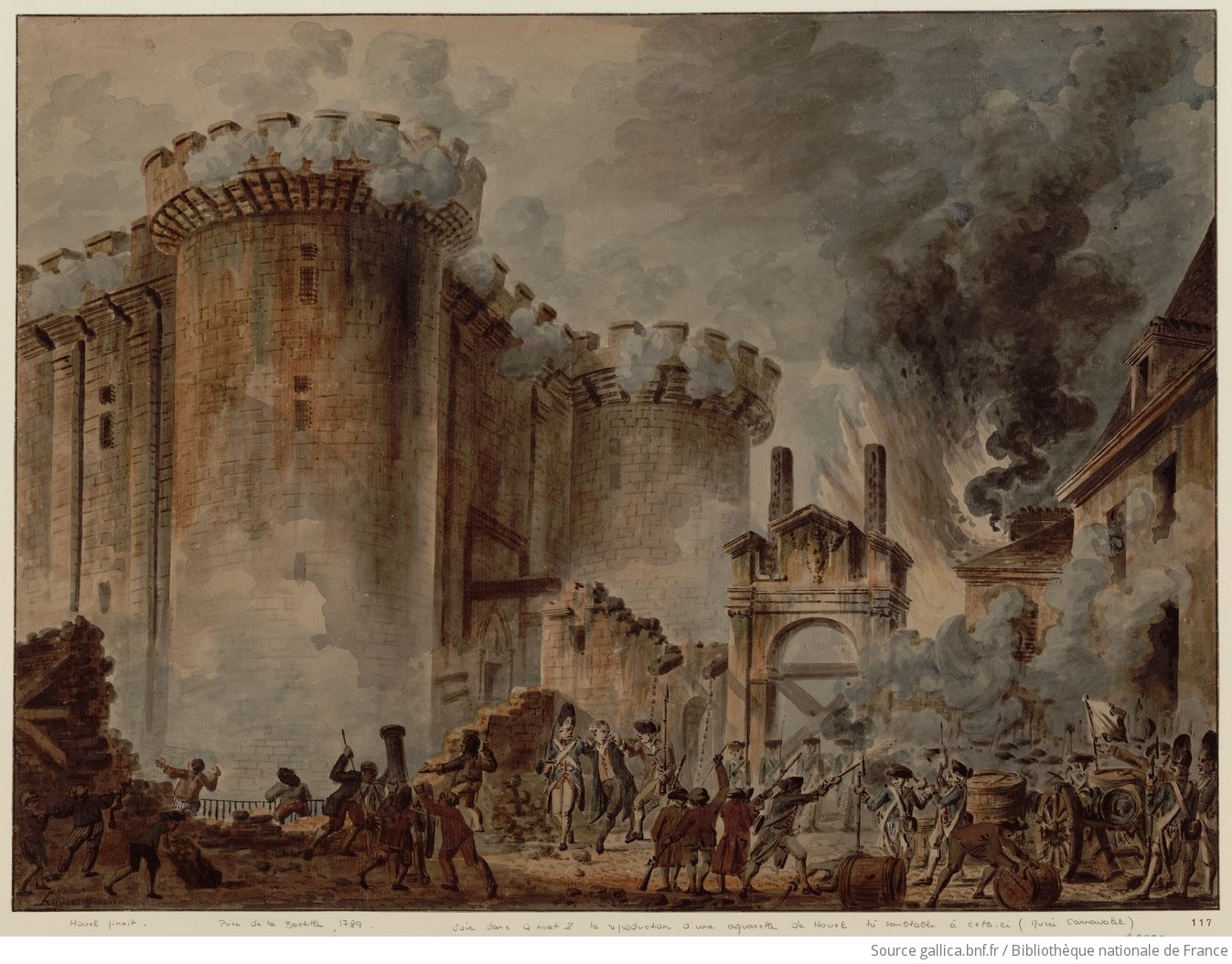 Cette œuvre, gravé par Jean-Pierre Houel en 1789, illustre l’assaut populaire contre la prison royale le 14 juillet 1789. Représentée comme l’acte amorçant de la Révolution, cette œuvre montre la victoire du peuple sur le despotisme du roi Louis XVI.